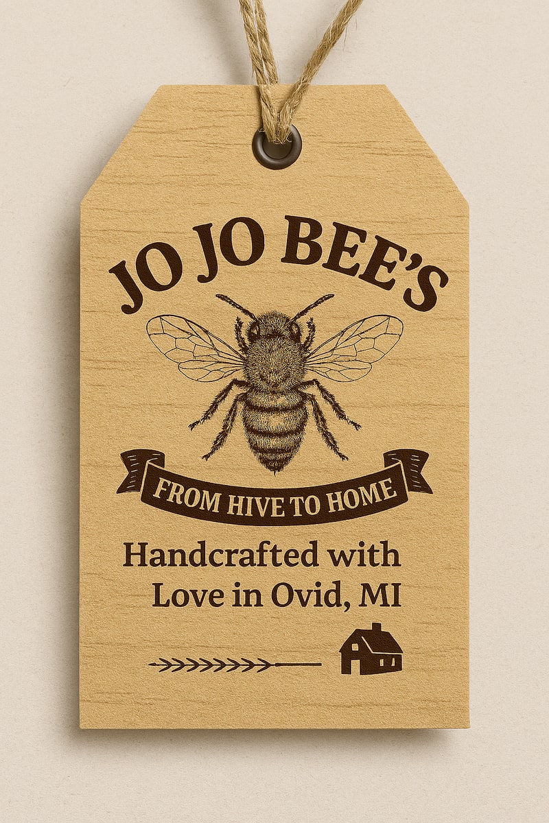 Kraft-paper hang tag reading 'Jo Jo Bee's — From hive to home — Handcrafted with love in Ovid, MI', with a hand-drawn honey bee illustration.